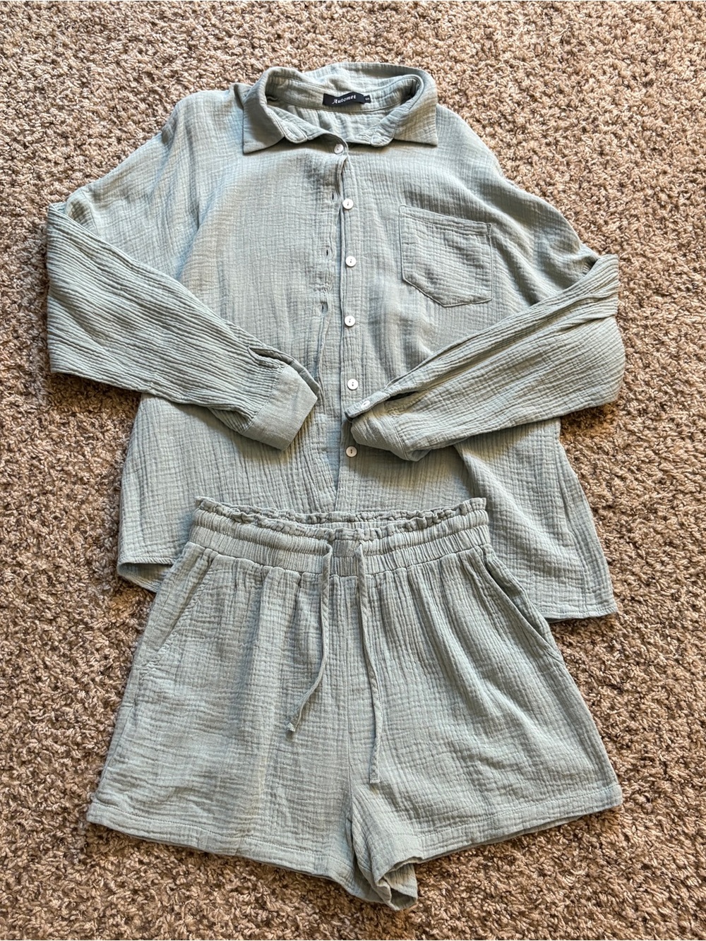 Automet Green Cotton Lounge Set Two Piece Shorts and Button Down Size Small